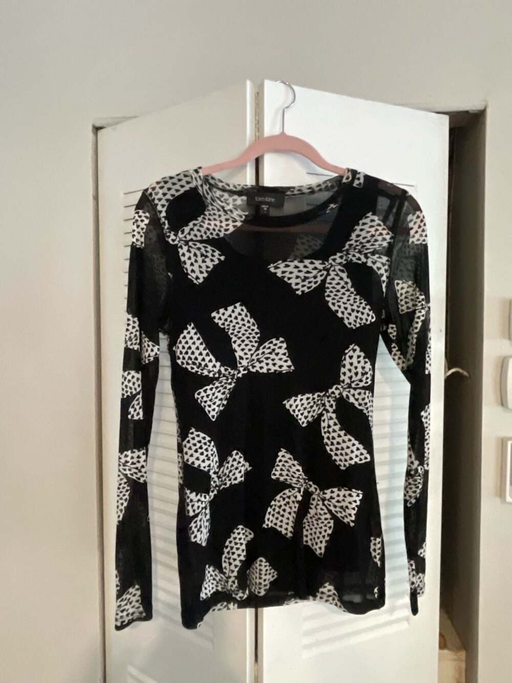 Karen Kane Black & White Bow Print Sheer Mesh Long Sleeve Top Size L